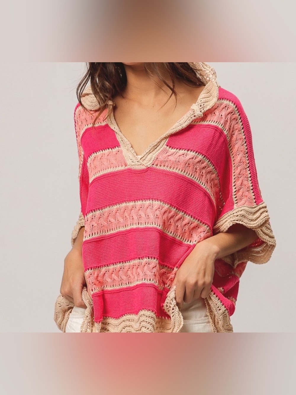 BiBi Pink & Tan Striped Lightweight Knit Short Sleeve Hooded Pullover - Size S
